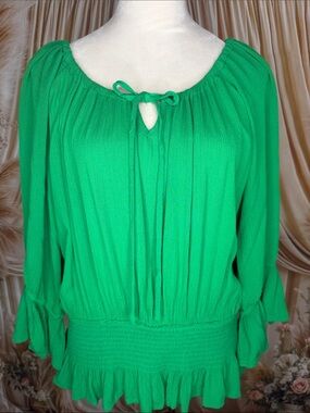 Green Peasant Blouse with Smocked Waist and Tie Neck